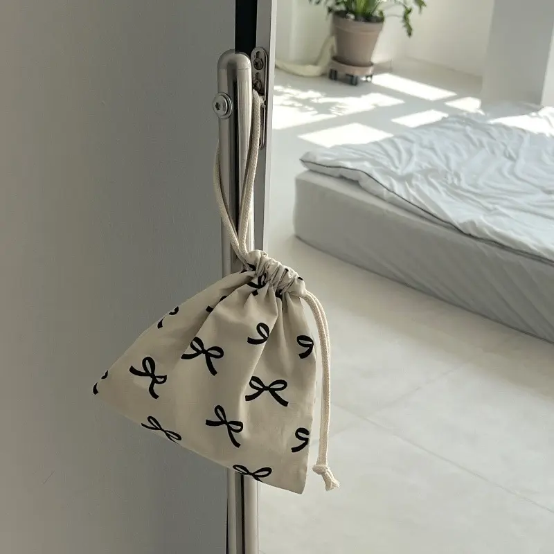 Korean Bow Printed Mini Drawstring Bag Cosmetic Storage Pouch Women Wallet Sweet Kawaii String Mini Pouch Girl Storage Mini Bag