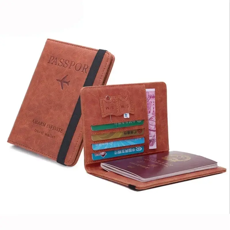 Slim Leather Passport Wallet Travel Document Passport Cover Organizer with Elastic Band