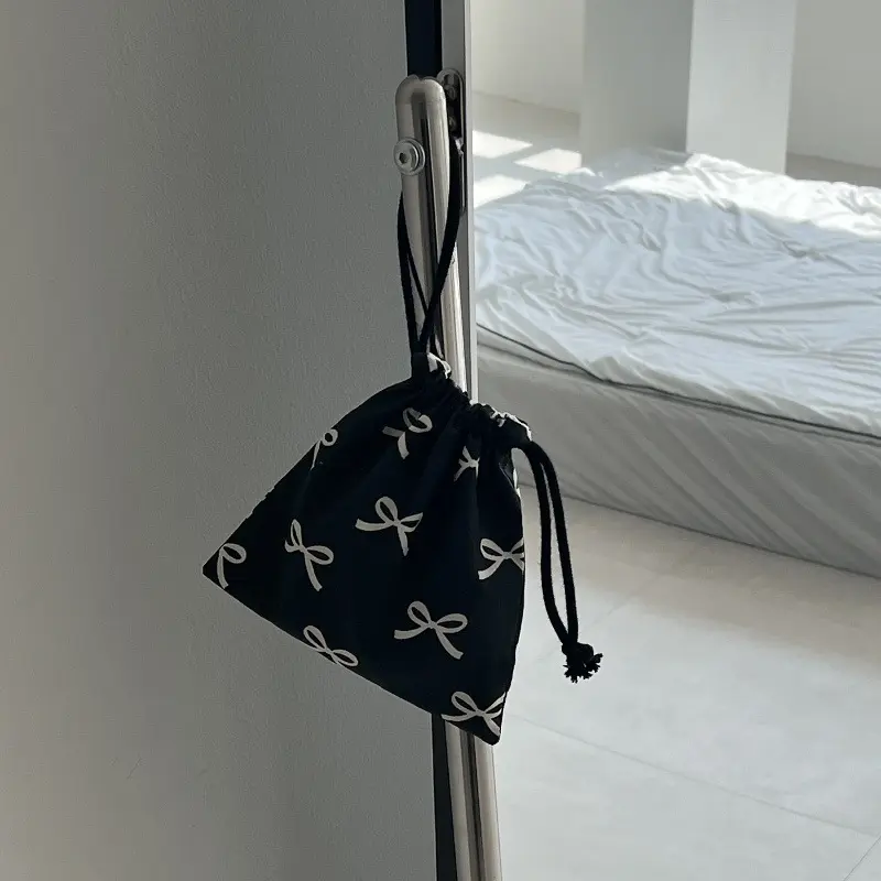 Korean Bow Printed Mini Drawstring Bag Cosmetic Storage Pouch Women Wallet Sweet Kawaii String Mini Pouch Girl Storage Mini Bag