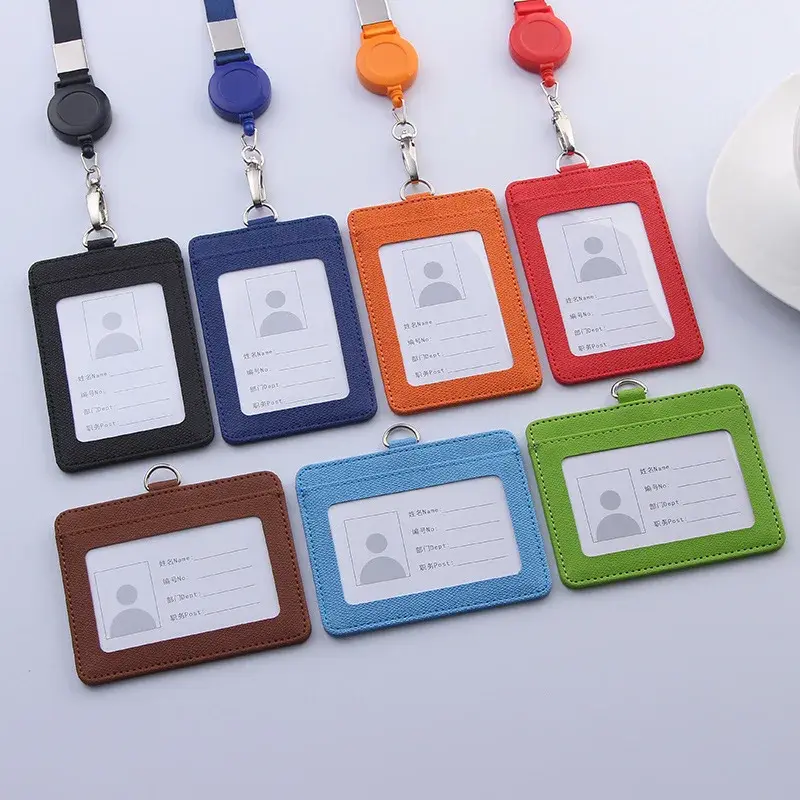 Retractable Lanyards ID Badge Holder Leather Bank Bus Pass Card Case Cover Men Women's Bank Credit Card Holder Strap Cardholder