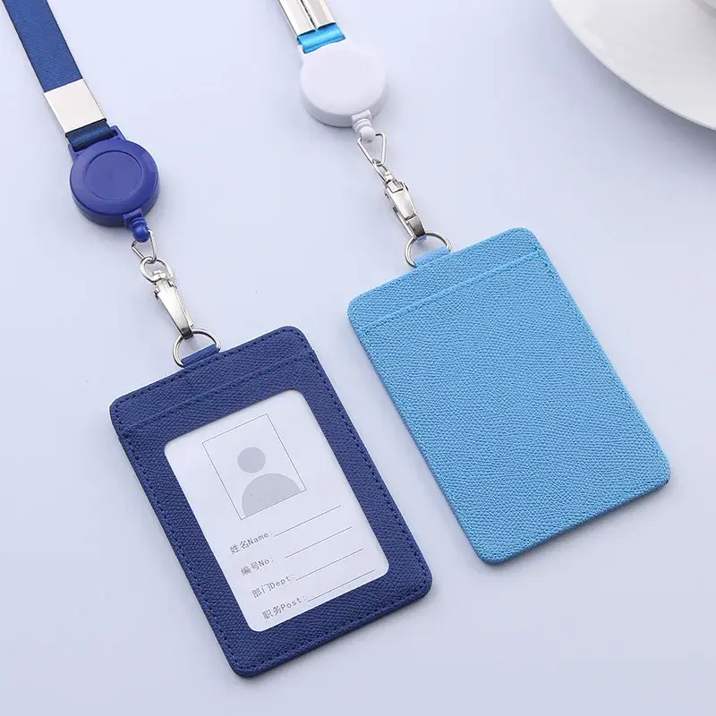 Retractable Lanyards ID Badge Holder Leather Bank Bus Pass Card Case Cover Men Women's Bank Credit Card Holder Strap Cardholder