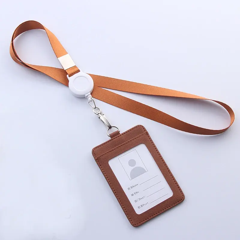 Retractable Lanyards ID Badge Holder Leather Bank Bus Pass Card Case Cover Men Women's Bank Credit Card Holder Strap Cardholder