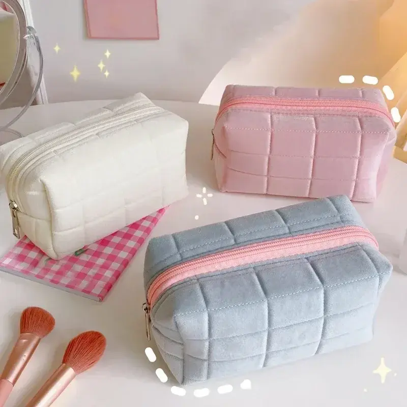 Zipper Large Solid Color Cosmetic Bag Cute Makeup Bag for Women Travel Make Up Toiletry Bag Washing Pouch Plush Pen Pouch