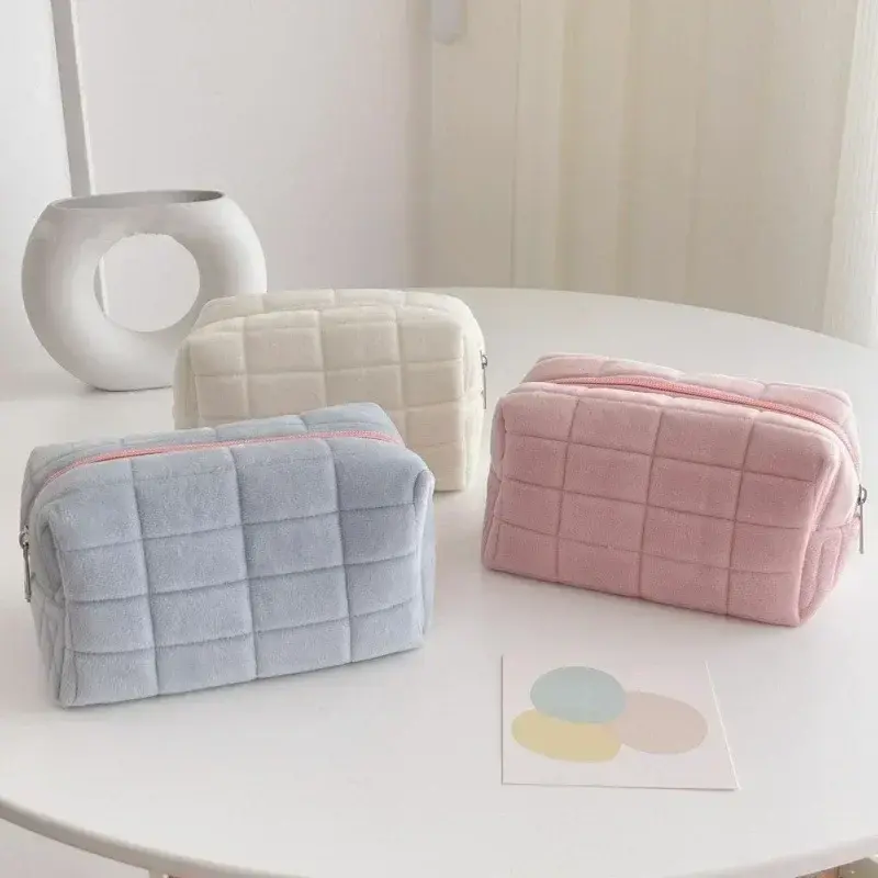 Zipper Large Solid Color Cosmetic Bag Cute Makeup Bag for Women Travel Make Up Toiletry Bag Washing Pouch Plush Pen Pouch