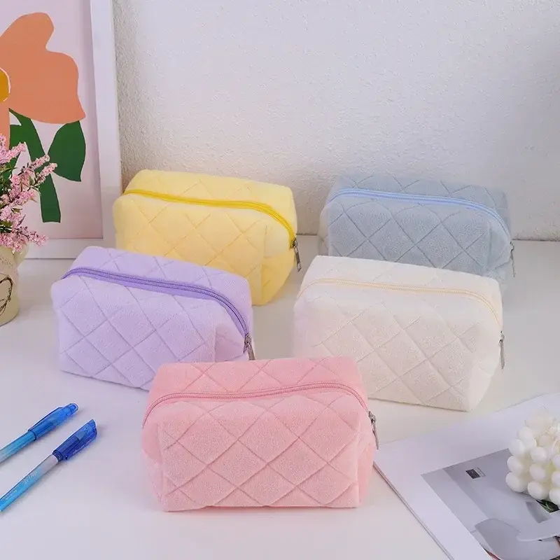 Zipper Large Solid Color Cosmetic Bag Cute Makeup Bag for Women Travel Make Up Toiletry Bag Washing Pouch Plush Pen Pouch