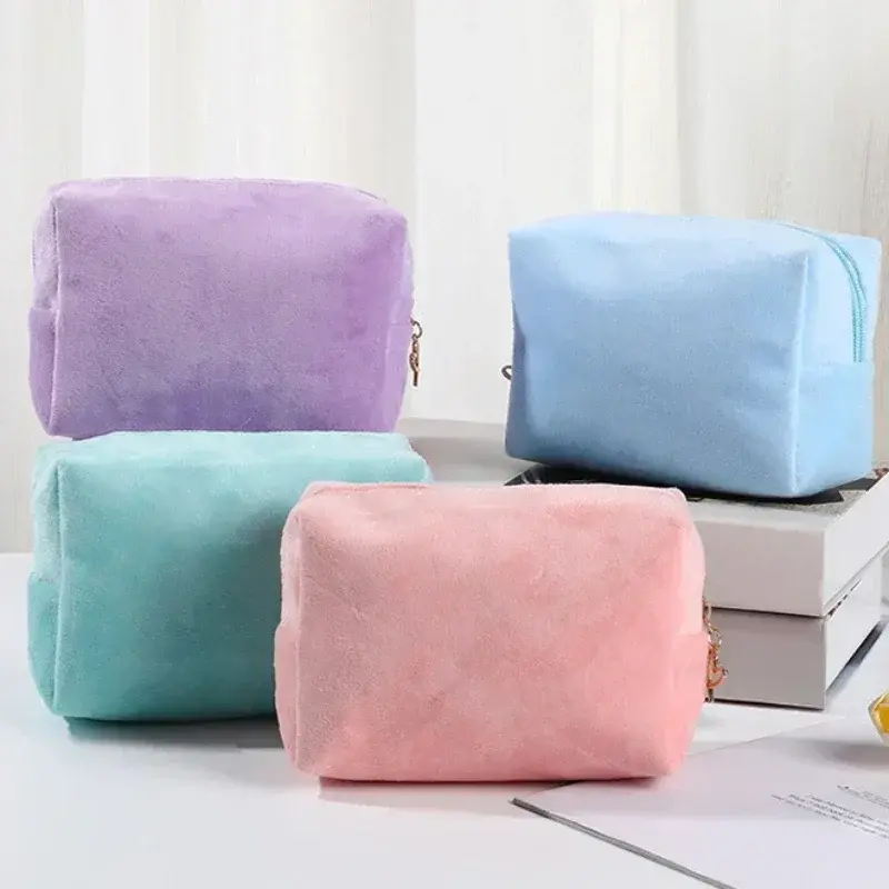Zipper Large Solid Color Cosmetic Bag Cute Makeup Bag for Women Travel Make Up Toiletry Bag Washing Pouch Plush Pen Pouch