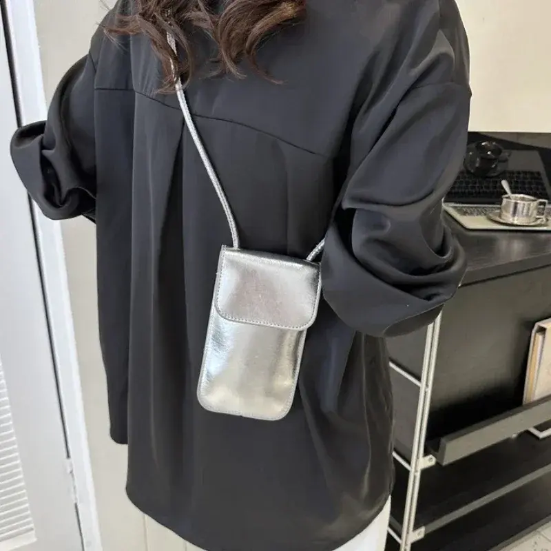 Fashion Shoulder Crossbody Bag for Women Silver Gold PU Leather Mini Portable Lipstick Messenger Bag Mobile Phone Bag Wallets