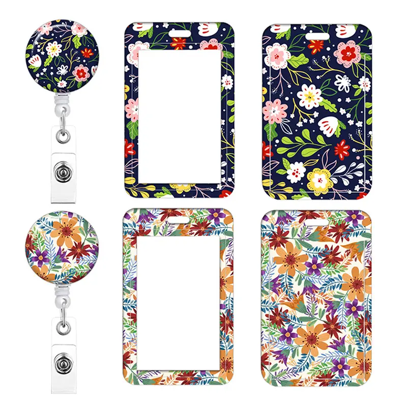 1pcs Staff Work Card Cover Holder Neck Strap Retractable Badge Reel Clip Floral Employee's ID Name Card Card Cover Case Lanyard