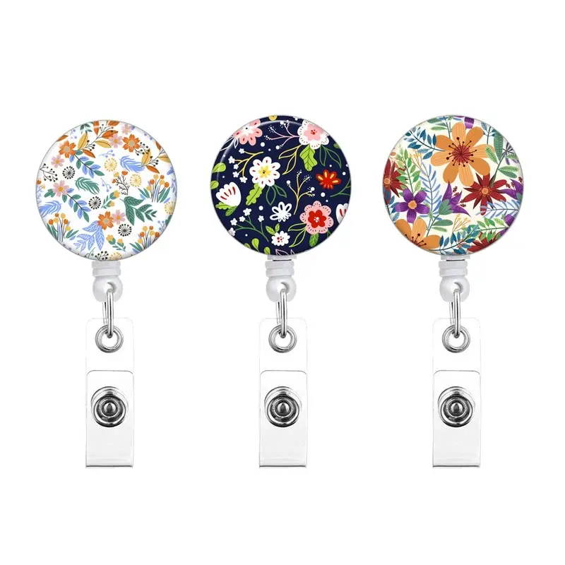 1pcs Staff Work Card Cover Holder Neck Strap Retractable Badge Reel Clip Floral Employee's ID Name Card Card Cover Case Lanyard