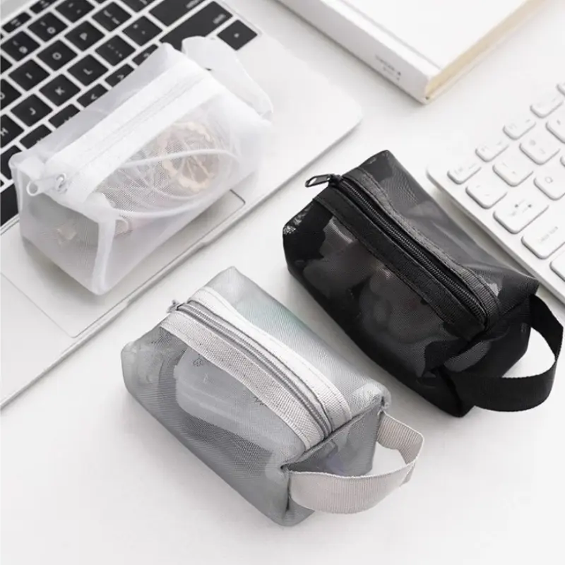 Mini Clear Nylon Mesh Cosmetic Bags Cute Women Small Lipstick Makeup Bags Pouch Data Line Key Earphone Organizer Case