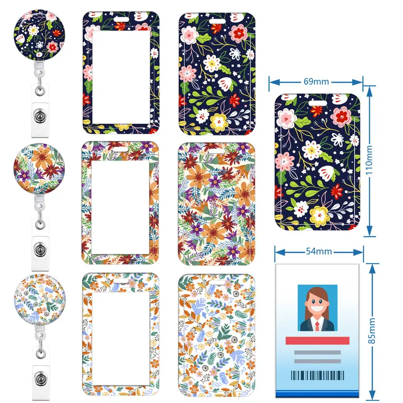 1pcs Staff Work Card Cover Holder Neck Strap Retractable Badge Reel Clip Floral Employee's ID Name Card Card Cover Case Lanyard