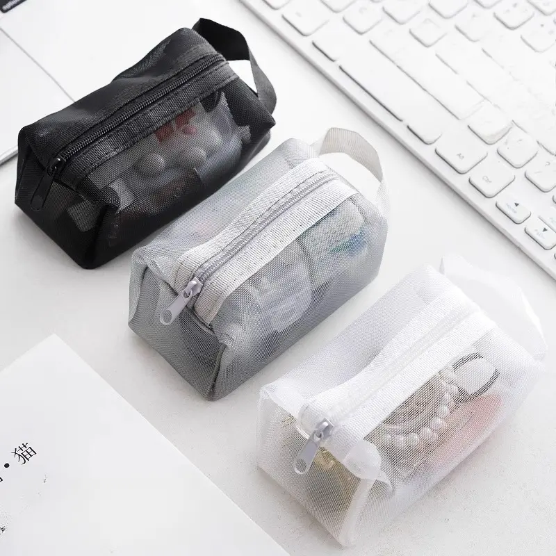 Mini Clear Nylon Mesh Cosmetic Bags Cute Women Small Lipstick Makeup Bags Pouch Data Line Key Earphone Organizer Case