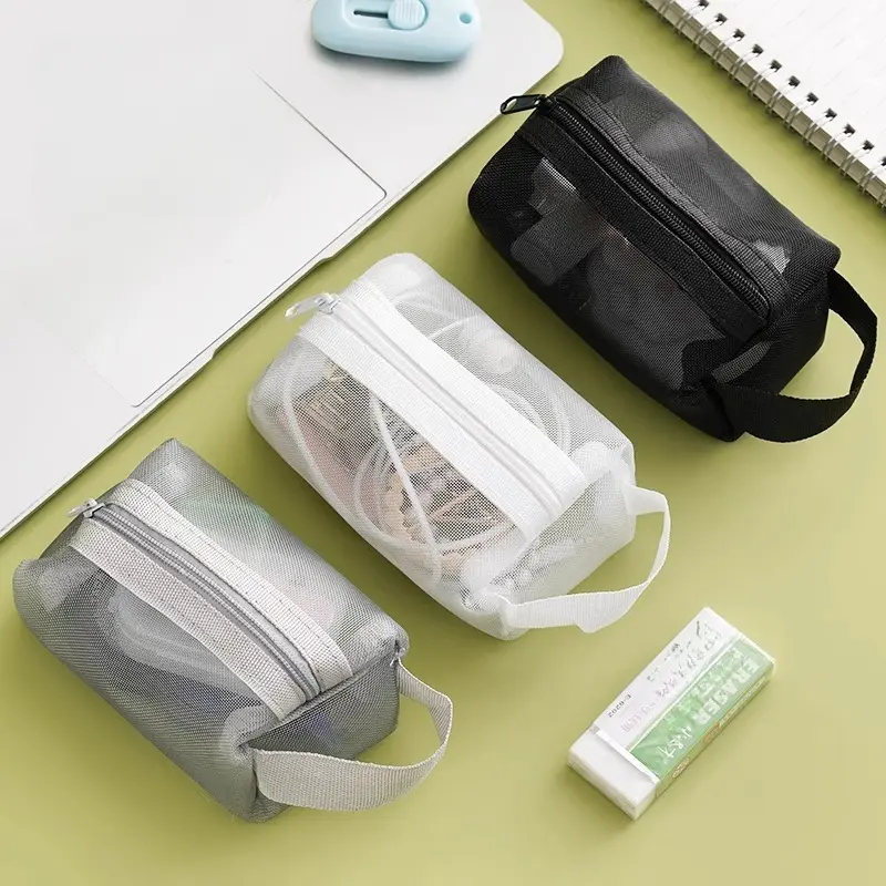 Mini Clear Nylon Mesh Cosmetic Bags Cute Women Small Lipstick Makeup Bags Pouch Data Line Key Earphone Organizer Case