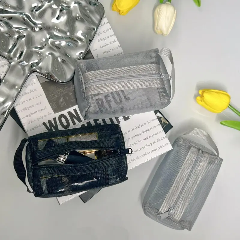Mini Clear Nylon Mesh Cosmetic Bags Cute Women Small Lipstick Makeup Bags Pouch Data Line Key Earphone Organizer Case