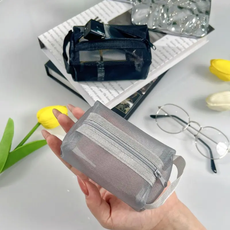 Mini Clear Nylon Mesh Cosmetic Bags Cute Women Small Lipstick Makeup Bags Pouch Data Line Key Earphone Organizer Case