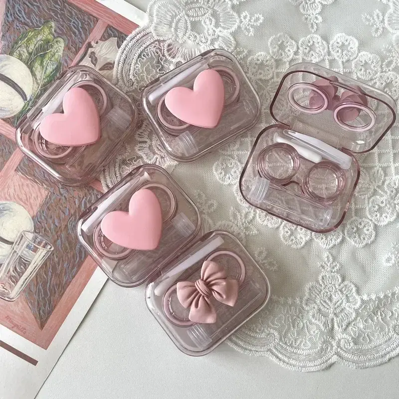 Pink Transparent Love Bow Contact Lens Case Girl Portable Beauty Pupil Box Storage Eye Care Container Box Contact Lens Cases