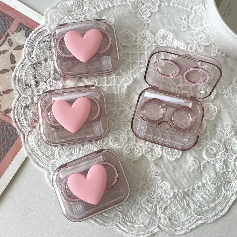 Pink Transparent Love Bow Contact Lens Case Girl Portable Beauty Pupil Box Storage Eye Care Container Box Contact Lens Cases