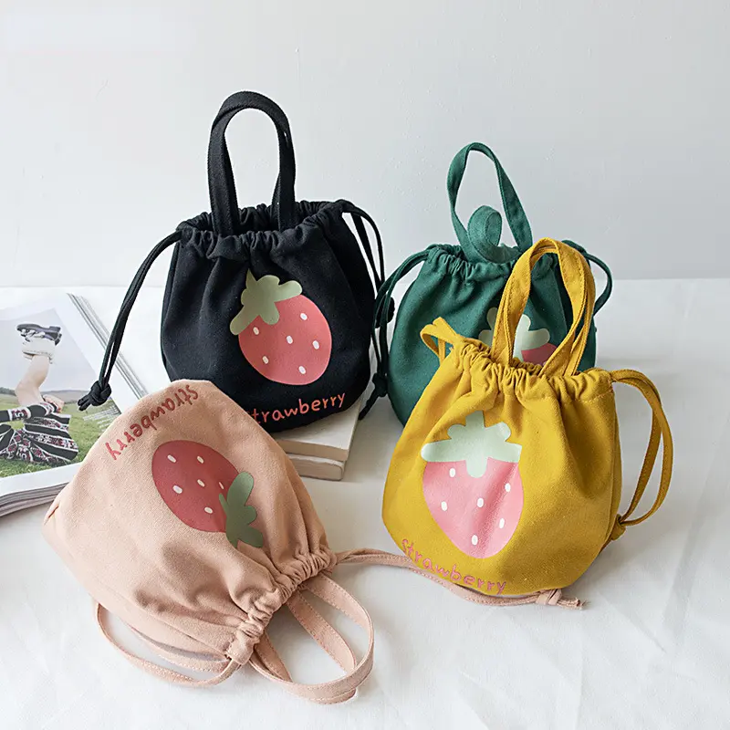 Mini Canvas Drawstring Lunch Bag Handbag Female Cartoon Strawberry Storage Bag Lunch Box Small Cloth Bag Women Tote Food Bags