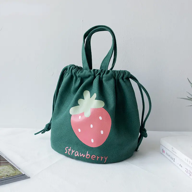 Mini Canvas Drawstring Lunch Bag Handbag Female Cartoon Strawberry Storage Bag Lunch Box Small Cloth Bag Women Tote Food Bags