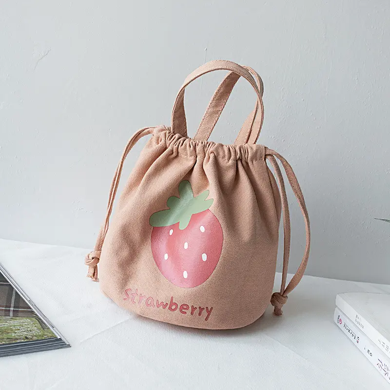 Mini Canvas Drawstring Lunch Bag Handbag Female Cartoon Strawberry Storage Bag Lunch Box Small Cloth Bag Women Tote Food Bags