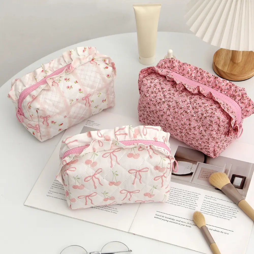 New Floral Bow Print Makeup Bag for Women Large Capacity Canvas Cosmetic Organizer Travel Toiletry Pouch Portable Wash Bag