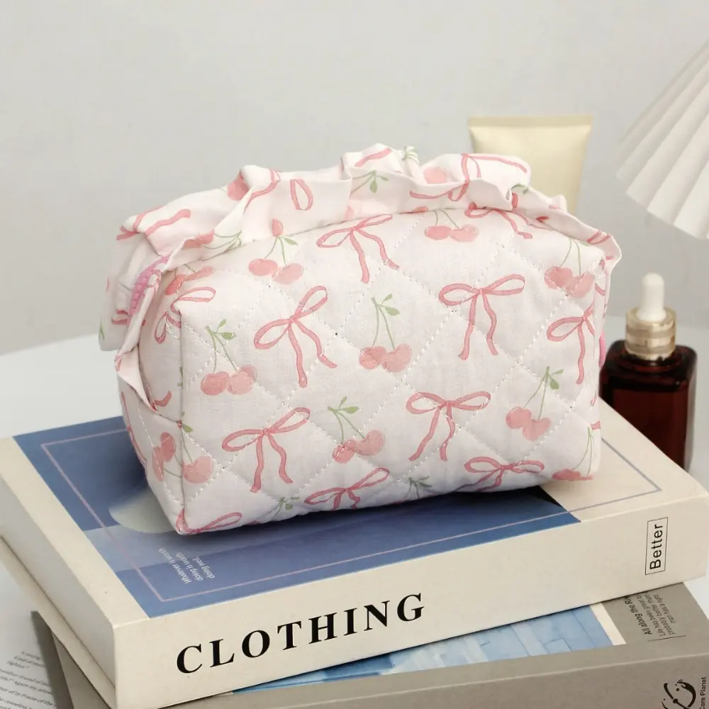 New Floral Bow Print Makeup Bag for Women Large Capacity Canvas Cosmetic Organizer Travel Toiletry Pouch Portable Wash Bag