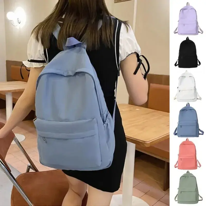 Fashion Zipper Solid Color Waterproof Backpack Students Casual Large Capacity Schoolbag Girl School Books Stationery Bags