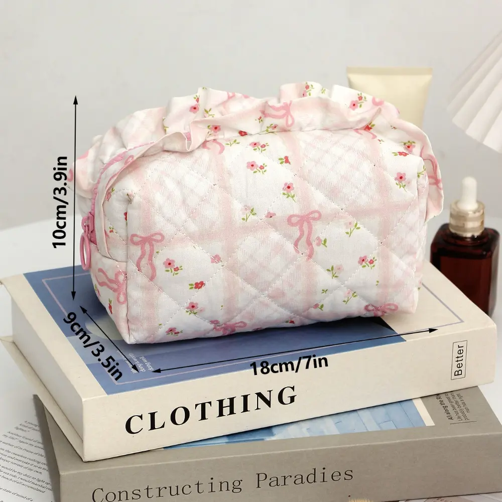 New Floral Bow Print Makeup Bag for Women Large Capacity Canvas Cosmetic Organizer Travel Toiletry Pouch Portable Wash Bag