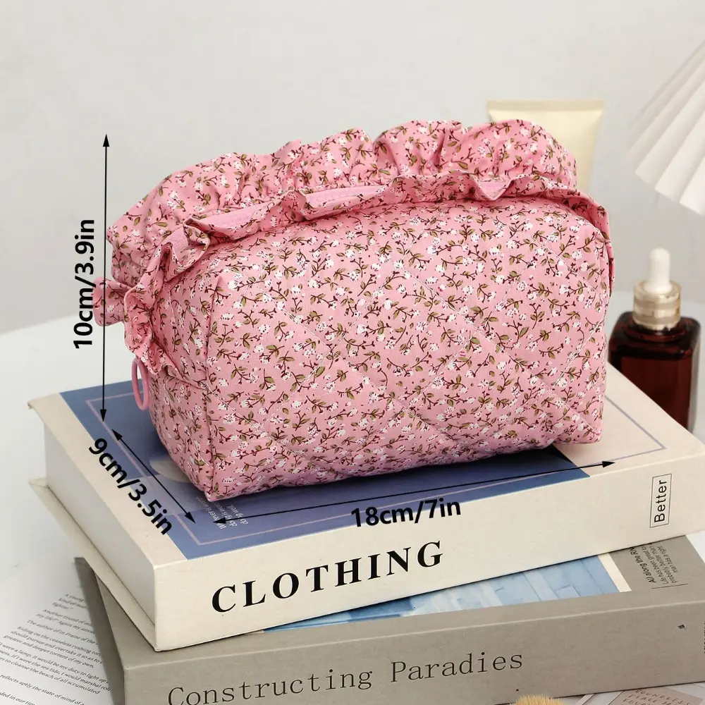 New Floral Bow Print Makeup Bag for Women Large Capacity Canvas Cosmetic Organizer Travel Toiletry Pouch Portable Wash Bag