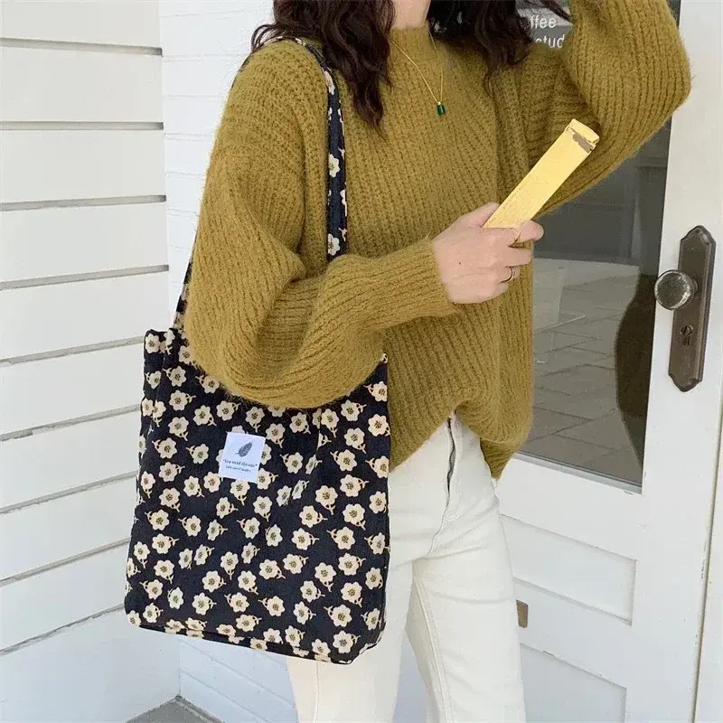 New Corduroy Shoulder Bag for Women Cotton Cloth Large Handbag Solid Color Eco Shopping Bag 2023 Ladies Reusable Totes Bags