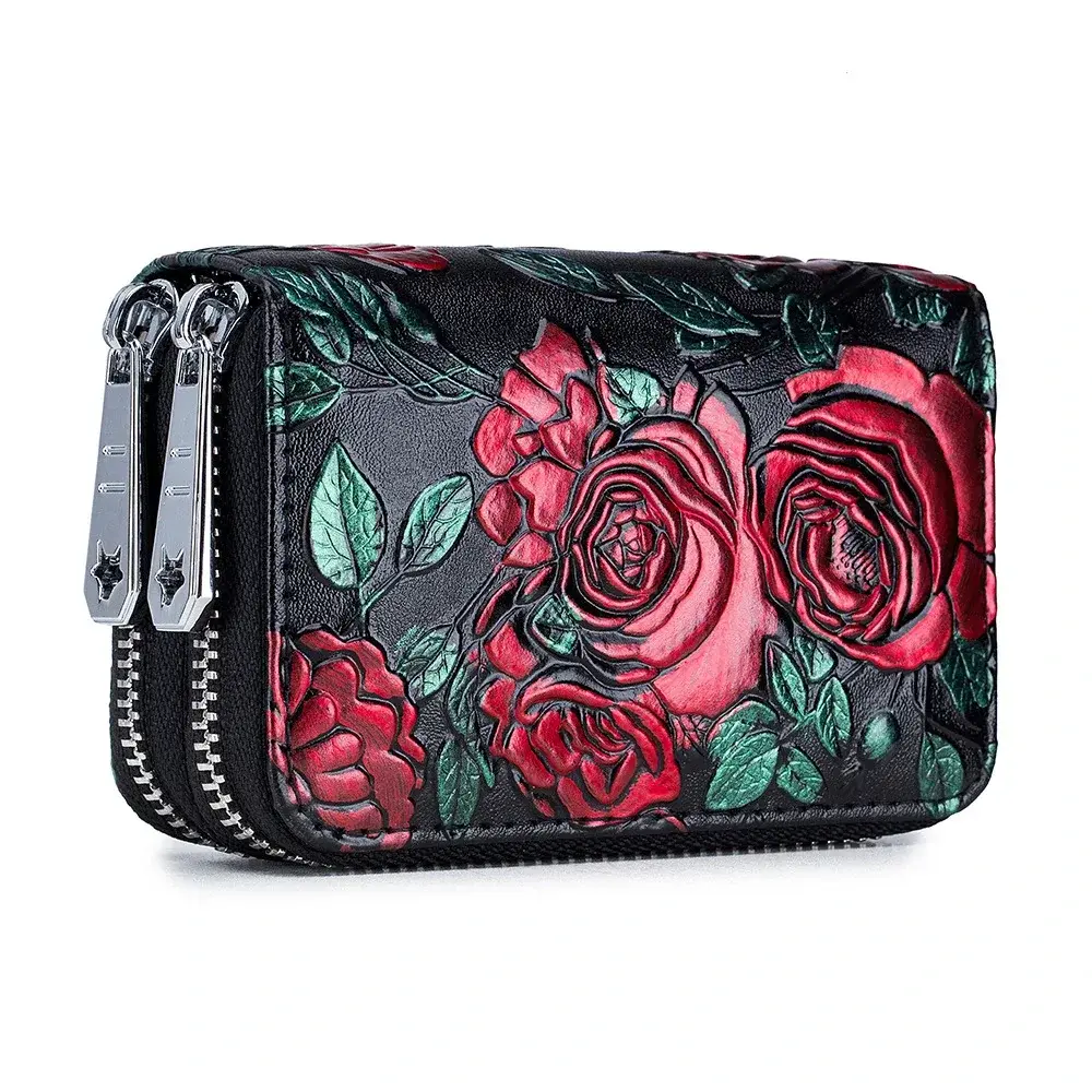 Women Fashion Small Zipper Wallet with Coin Purse Genuine Leather Floral Purses Ladies Cute Mini Vintage Small Card Pack Wallet