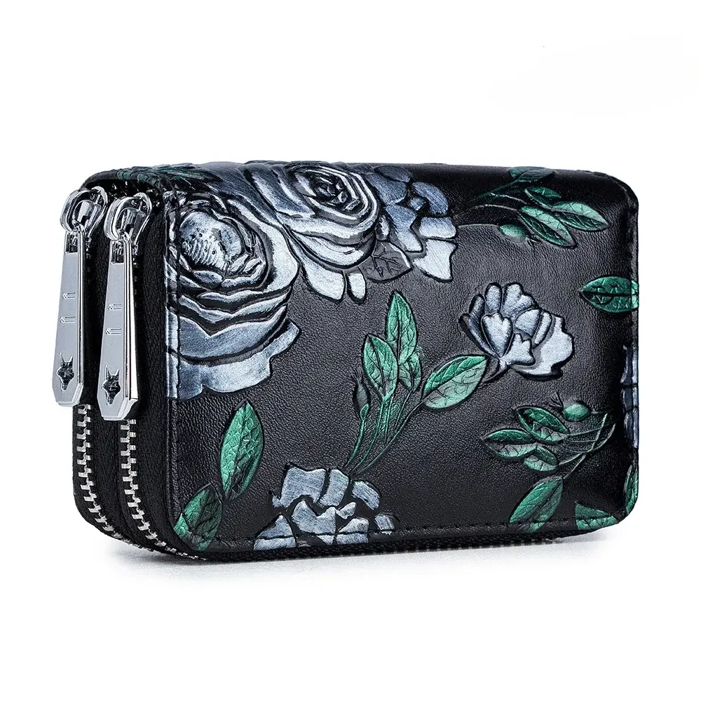 Women Fashion Small Zipper Wallet with Coin Purse Genuine Leather Floral Purses Ladies Cute Mini Vintage Small Card Pack Wallet