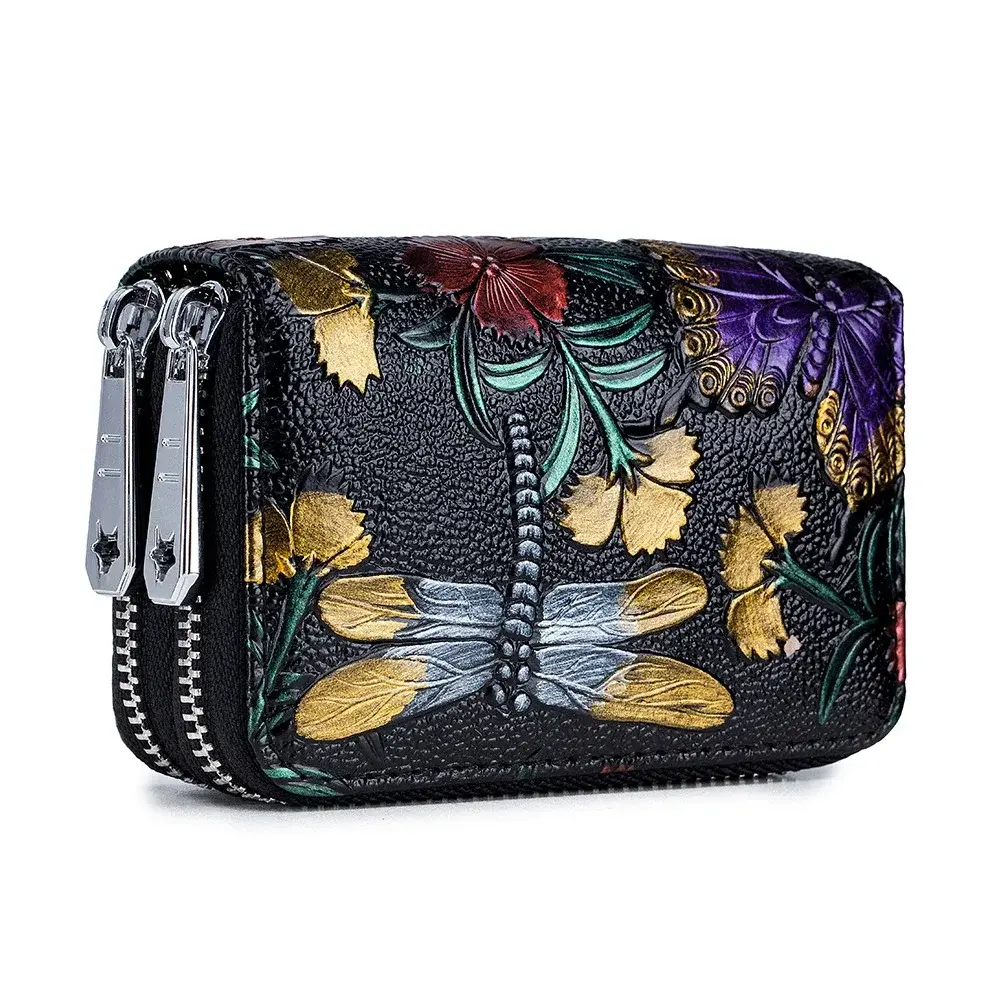 Women Fashion Small Zipper Wallet with Coin Purse Genuine Leather Floral Purses Ladies Cute Mini Vintage Small Card Pack Wallet