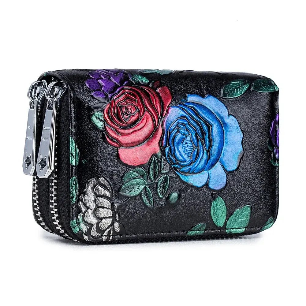 Women Fashion Small Zipper Wallet with Coin Purse Genuine Leather Floral Purses Ladies Cute Mini Vintage Small Card Pack Wallet