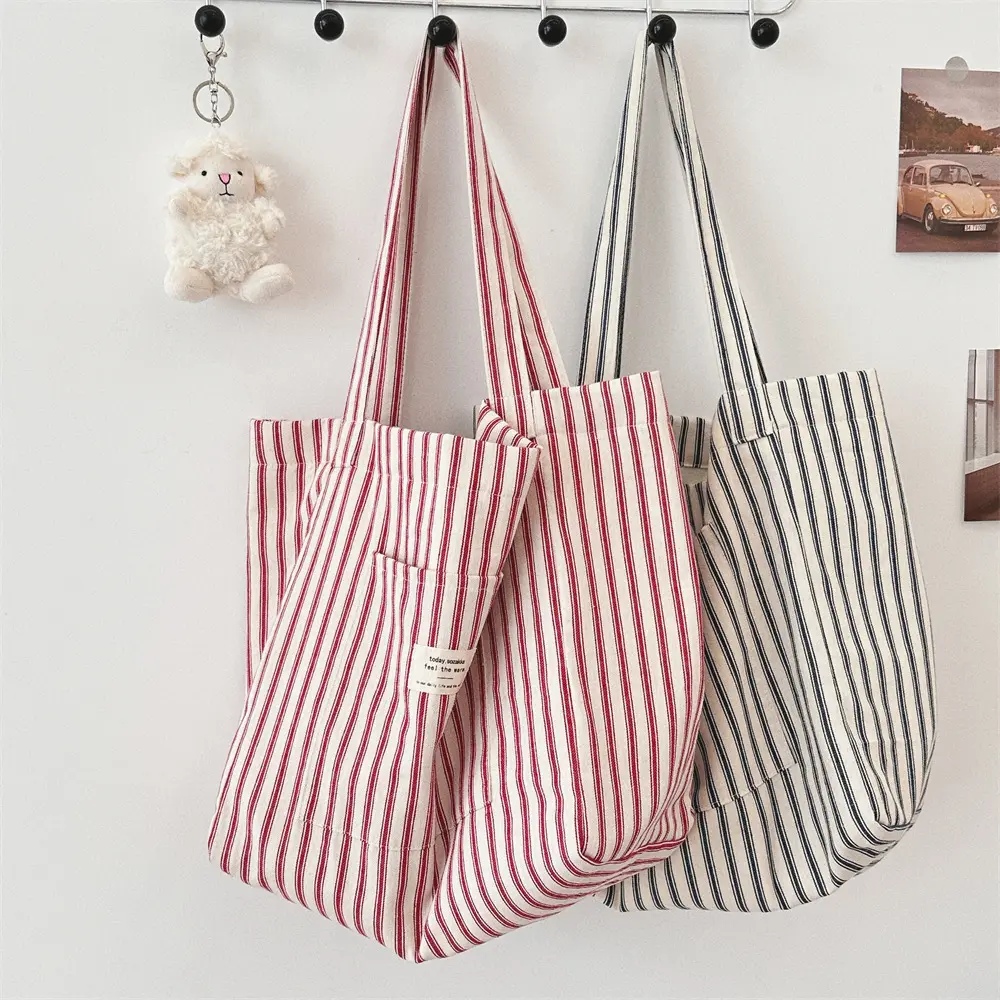 Vintage Striped Women's Shoulder Bags Large Capacity Female Reusable Shopping Bag Canvas School Girls Book Tote Handbags