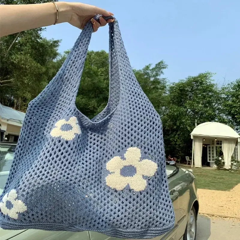 New Simple Retro Shoulder Bag Handbag for Women Fashion Sweet Flower Hollow Tote Bag Large Capacity Ladies Shopping Bag