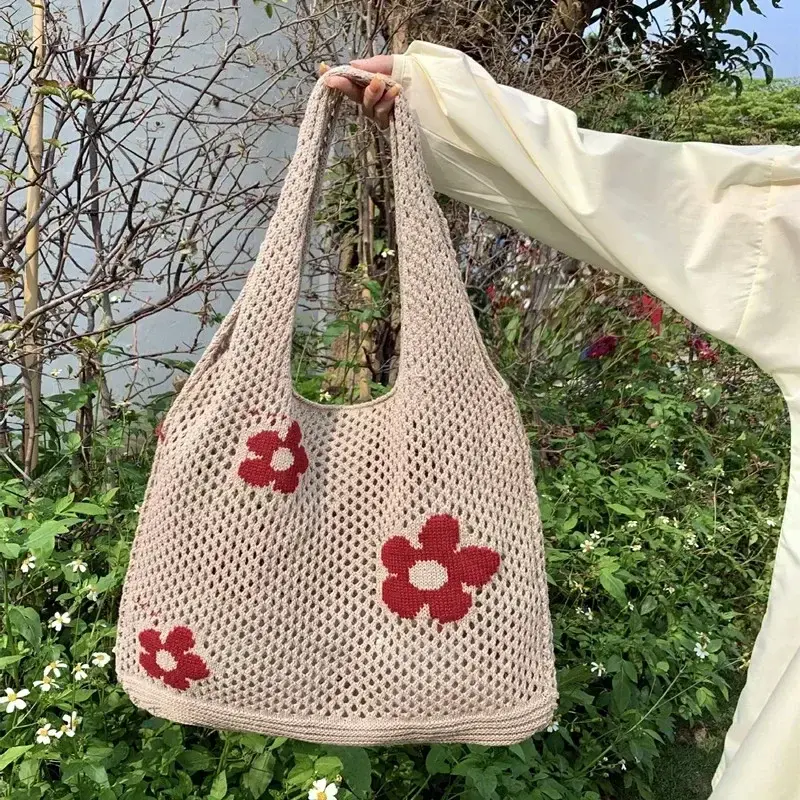 New Simple Retro Shoulder Bag Handbag for Women Fashion Sweet Flower Hollow Tote Bag Large Capacity Ladies Shopping Bag