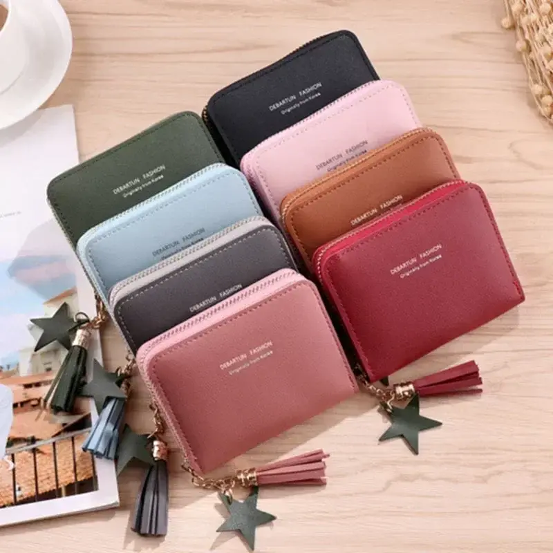 PU Leather Short Tassel Wallets for Women Cute Mini Korean Female Girls Zipper Coin Purses Wallet Small Card Money Bags