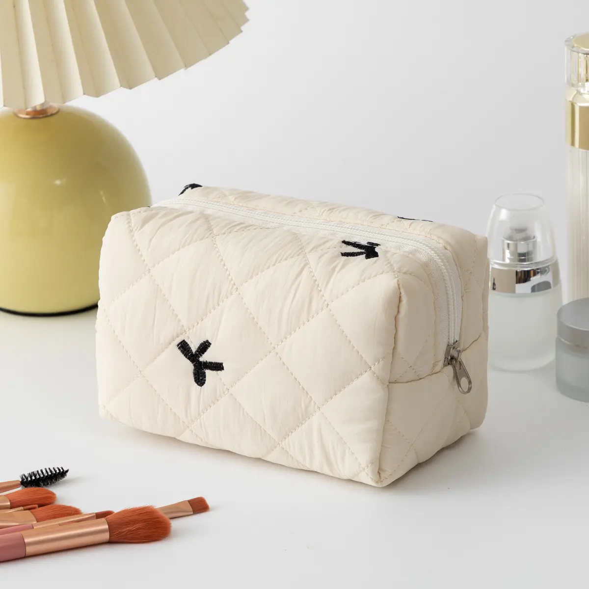 Fashion Bow Floral Makeup Bag Large Capacity Portable Cosmetic Storage Bag Cotton Makeup Wash Bag Cosmetic Organizer Pouch