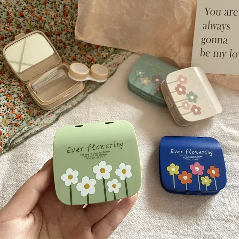 Korean Beauty Contact Lens Case Color Flower Women Portable Contact Lens Container Box Travel Portable Mirror Tweezers Set Box