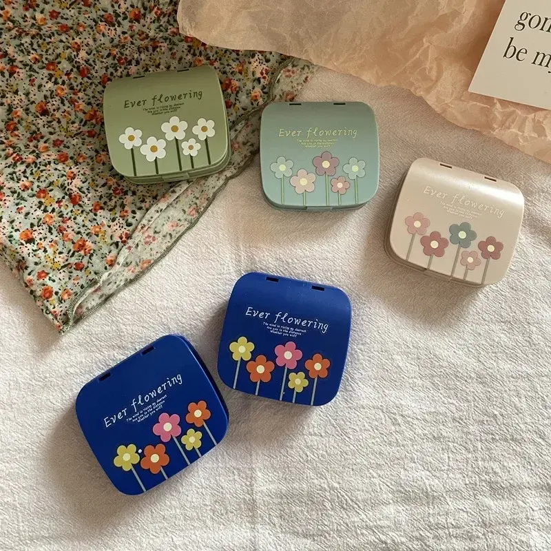 Korean Beauty Contact Lens Case Color Flower Women Portable Contact Lens Container Box Travel Portable Mirror Tweezers Set Box