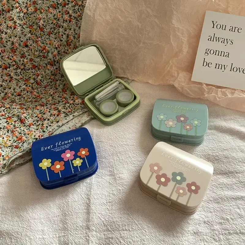 Korean Beauty Contact Lens Case Color Flower Women Portable Contact Lens Container Box Travel Portable Mirror Tweezers Set Box