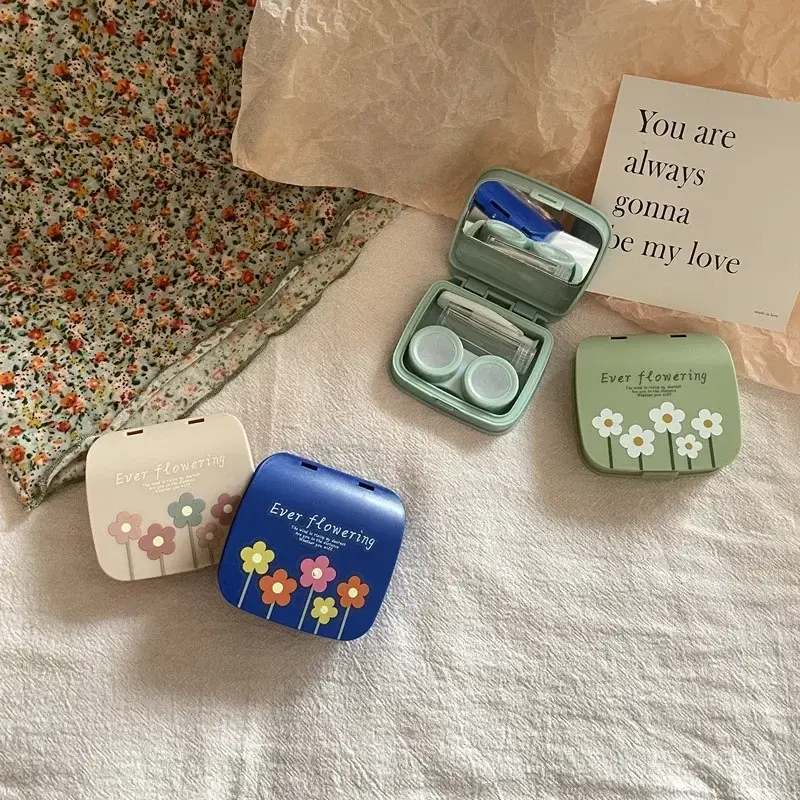 Korean Beauty Contact Lens Case Color Flower Women Portable Contact Lens Container Box Travel Portable Mirror Tweezers Set Box