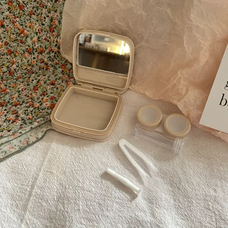 Korean Beauty Contact Lens Case Color Flower Women Portable Contact Lens Container Box Travel Portable Mirror Tweezers Set Box