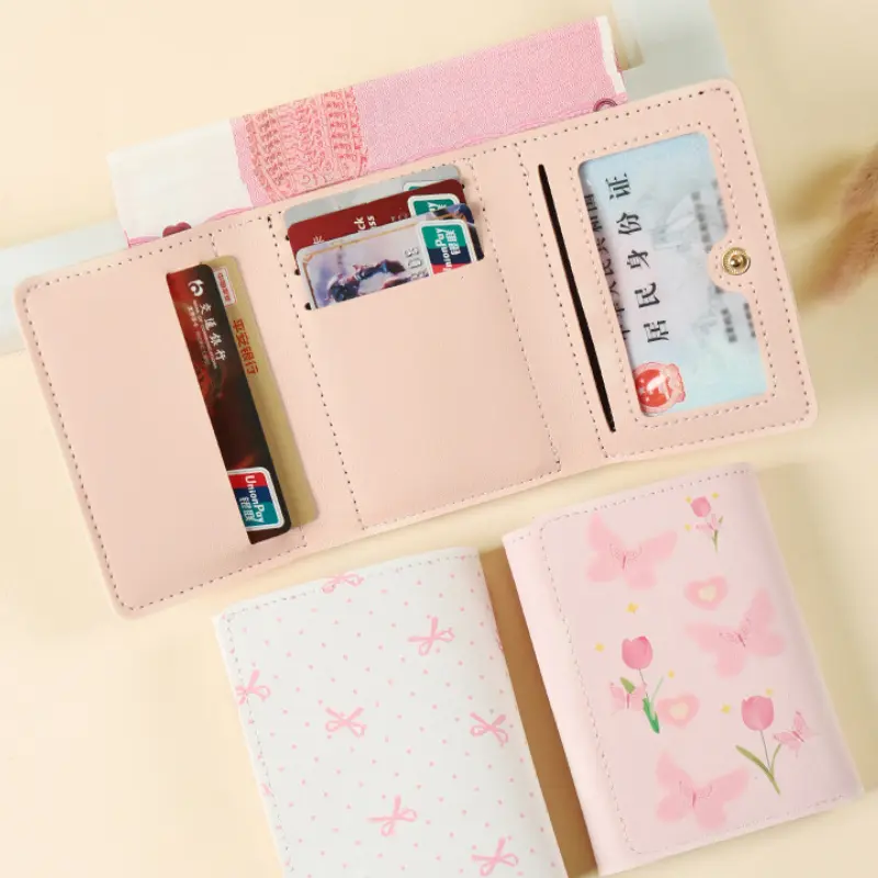 Women Cute Wallet Sweet Pink Three Fold Purse Card Holder for Girl New Travel Cash Coin Pouch Photo Card Bags