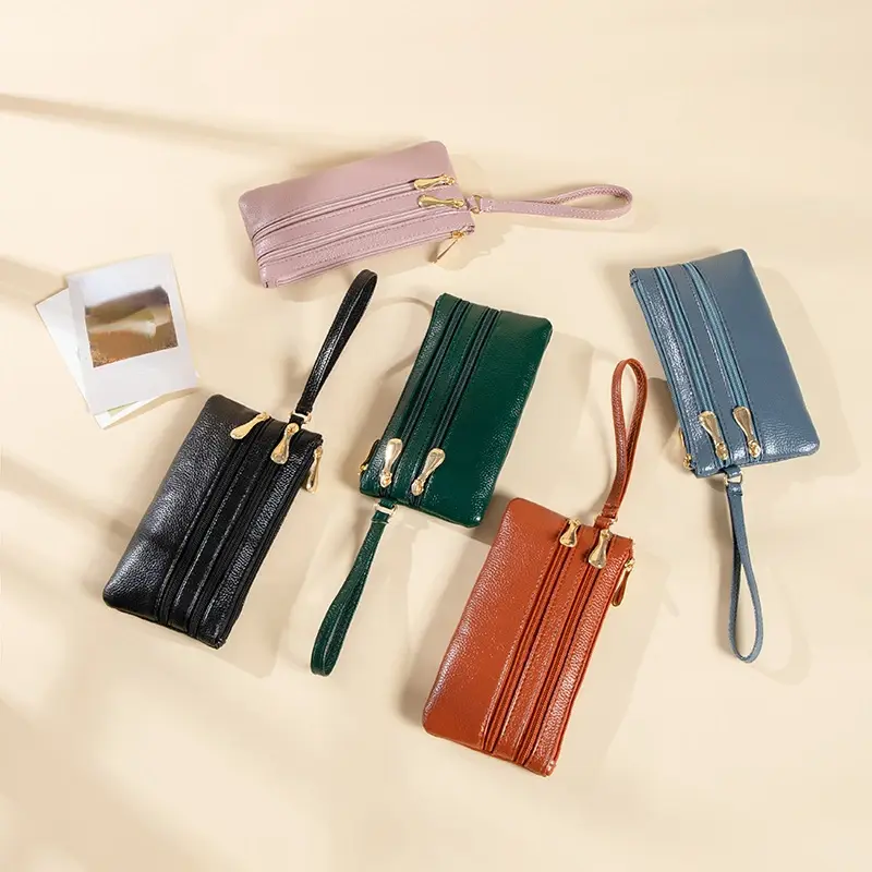 Fashion Three Zipper Women's Leather Wallets Large Capacity Solid Color Female Purse Clutch Hand Bag Soft Leather Ladies Wallet