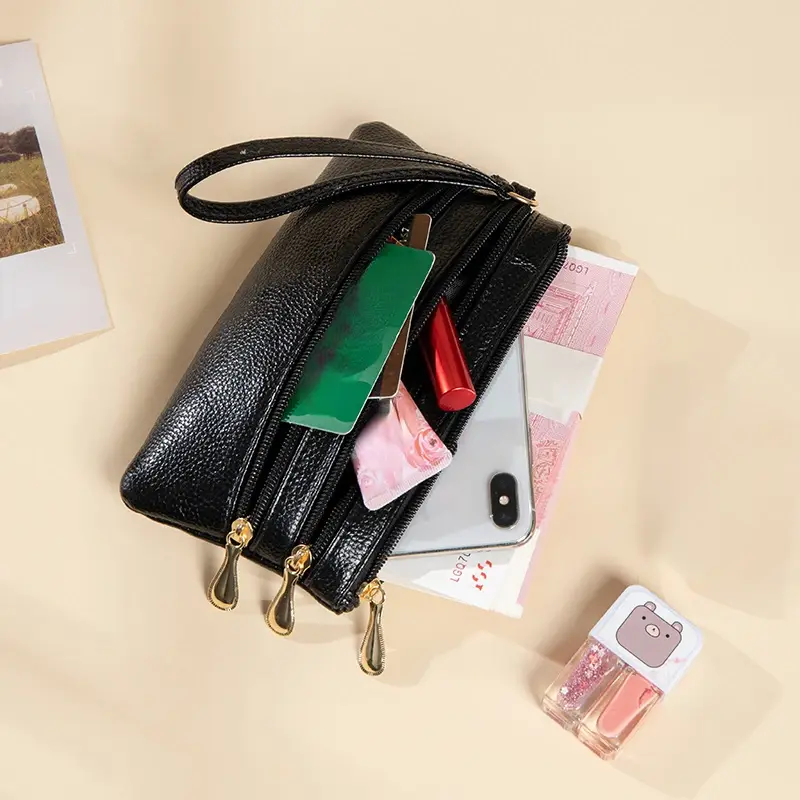 Fashion Three Zipper Women's Leather Wallets Large Capacity Solid Color Female Purse Clutch Hand Bag Soft Leather Ladies Wallet