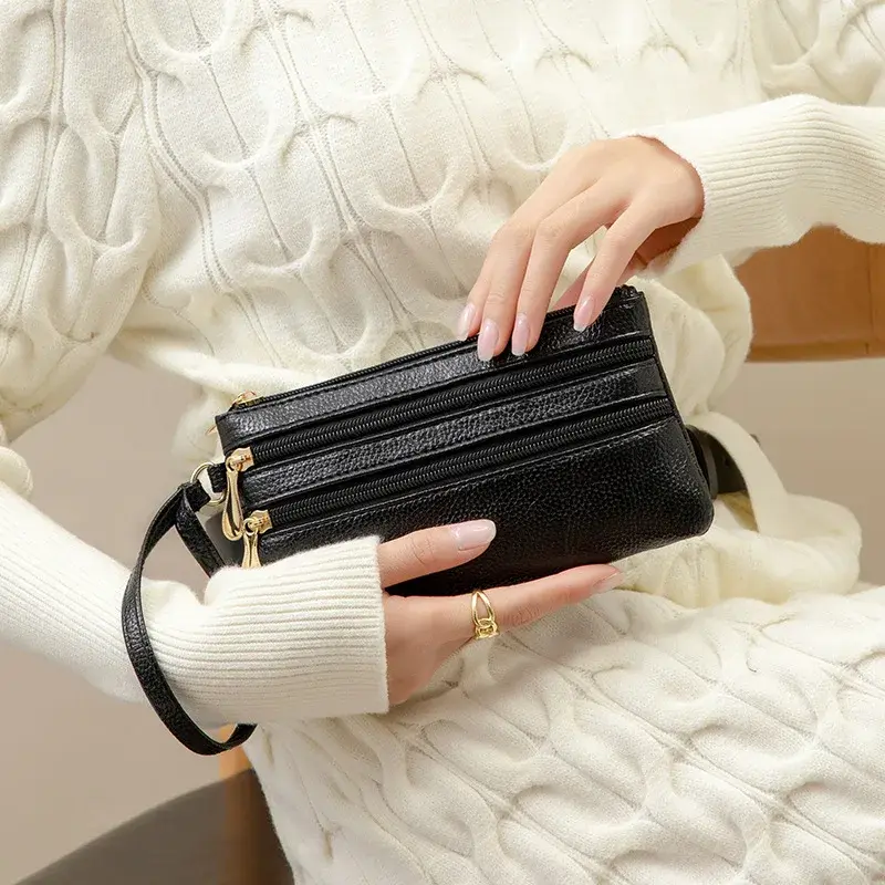 Fashion Three Zipper Women's Leather Wallets Large Capacity Solid Color Female Purse Clutch Hand Bag Soft Leather Ladies Wallet