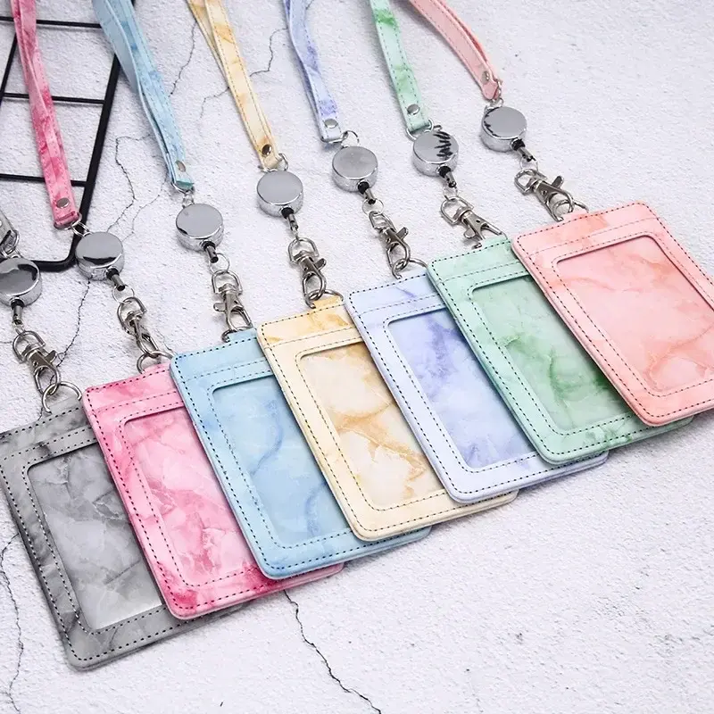1 Pcs PU Leather Card Cover Work ID Name Badge Holder Bank Business Credit Card Holder Students Bus Card Case with Lanyard