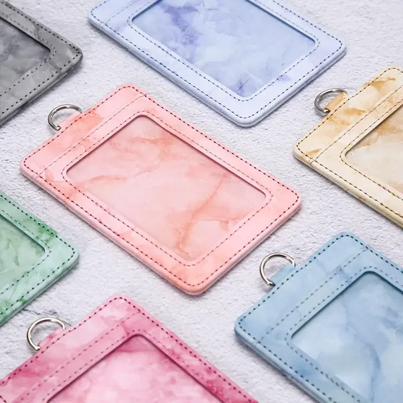1 Pcs PU Leather Card Cover Work ID Name Badge Holder Bank Business Credit Card Holder Students Bus Card Case with Lanyard